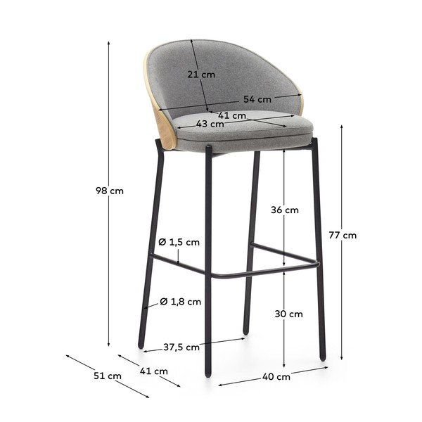 Sivá/v prírodnej farbe barová stolička (výška sedadla 77 cm) Eamy – Kave Home-image-3
