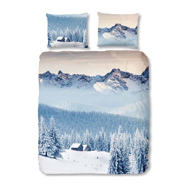 Modré obliečky z bavlny na dvojlôžko Good Morning Mountains, 200 × 200 cm