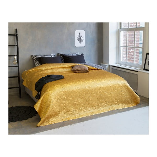 Pléd cez posteľ z mikroperkálu v zlatej farbe na dvojlôžko Sleeptime Clara Satin, 260 × 250 cm