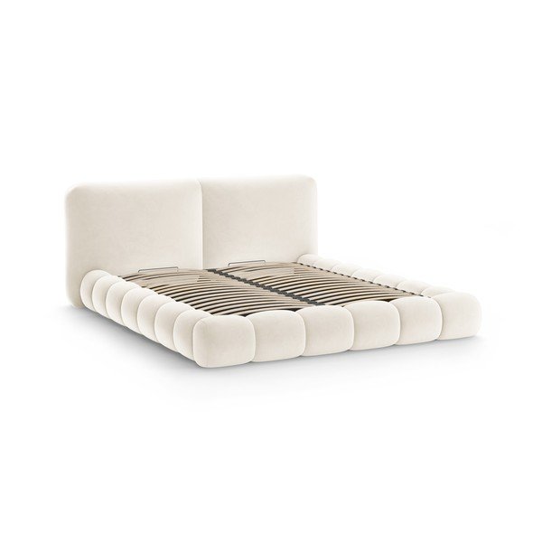 Slonovinová čalúnená dvojlôžková posteľ s úložným priestorom s roštom 160x200 cm Solange – Micadoni -image-3