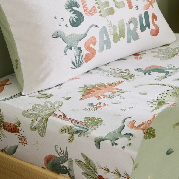 Krémovobiela napínacia flanelová detská plachta na jednolôžko 90x190 cm Brushed Sleepy Saurus Dino – Catherine Lansfield