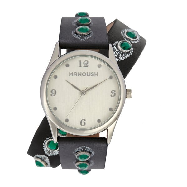 Dámske hodinky s koženým remienkom a zelenými kameňmi Manoush Strap On