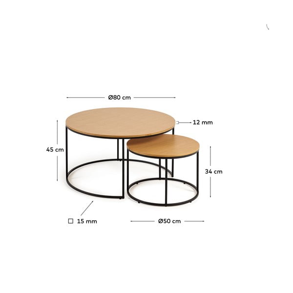 Okrúhle konferenčné stolíky v súprave 2 ks s doskou v dubovom dekore ø 80 cm Yona - Kave Home-image-4
