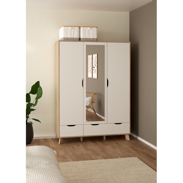 Biela/v prírodnej farbe šatníková skriňa v dekore duba so zrkadlom 147x201x58 cm Ikast – Tvilum-image-1