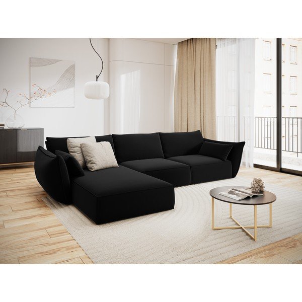 Čierna zamatová rohová pohovka (ľavý roh/s leňoškou) Vanda – Mazzini Sofas-image-1