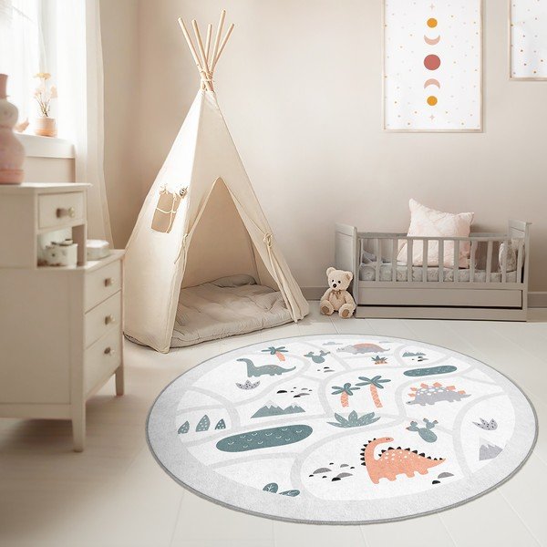 Svetlosivý prateľný detský hrací koberec ø80 cm Dino Park – Mila Home-image-3