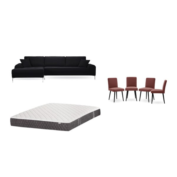 Set čiernej pohovky s leňoškou vľavo, 4 tehlovočervených stoličiek a matraca 160 × 200 cm Home Essentials