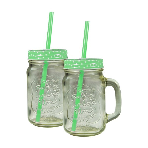 Súprava 2 pohárov so zeleným vrchnákom a slamkou JOCCA Straw, 430 ml