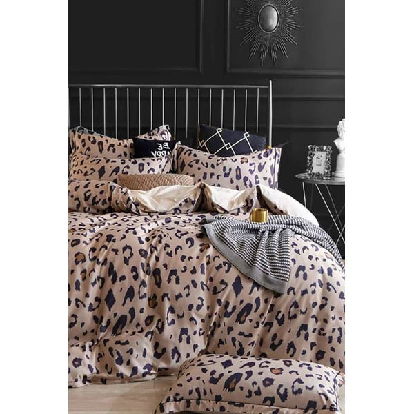 Hnedé predĺžené štvordielne bavlnené obliečky na dvojlôžko s plachtou 200x220 cm Leopard – Mila Home