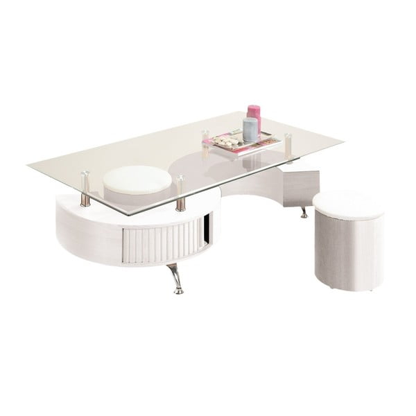 Biely sklenený konferenčný stolík s 2 bielymi pufmi Esidra Multi
