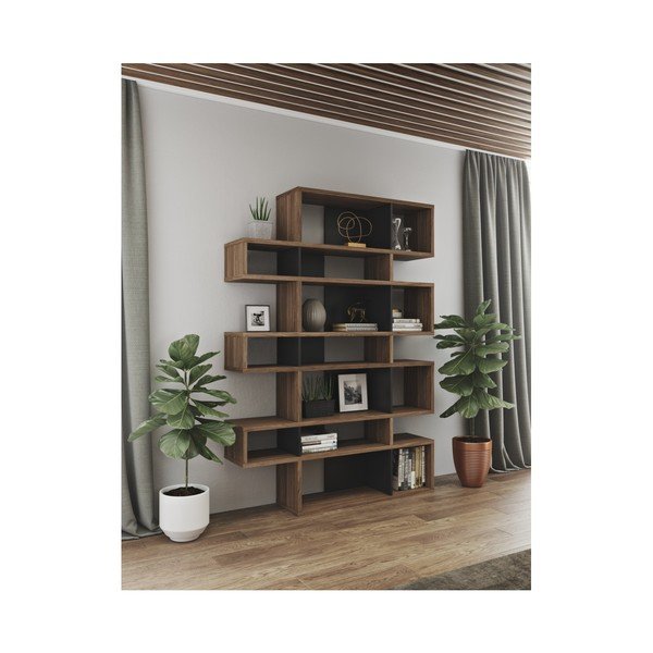 Čierna knižnica s detailmi v dekore orechového dreva TemaHome London-image-1