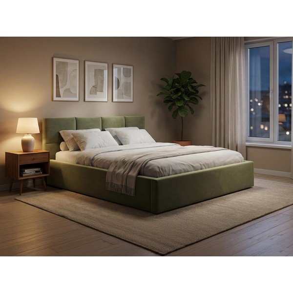 Tmavozelená zamatová čalúnená dvojlôžková posteľ s úložným priestorom s roštom 140x200 cm Hiko – Makamii-image-1