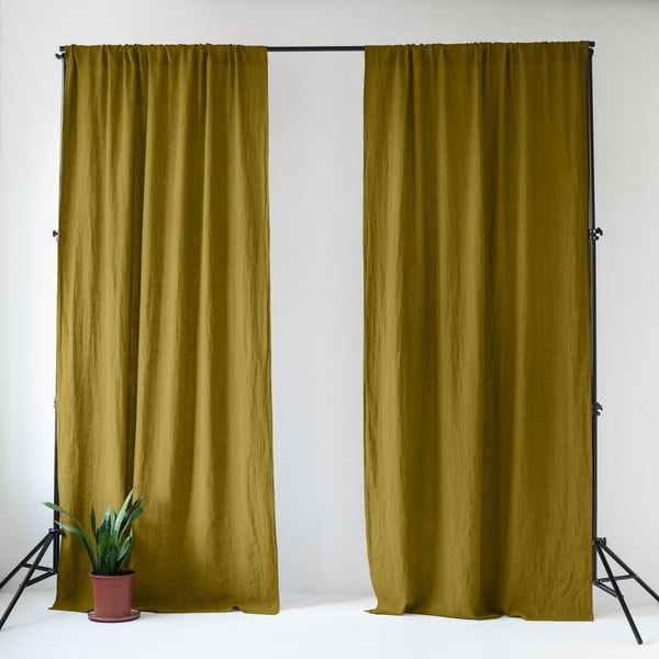 Okrovožltý/zelený ľanový záves 140x170 cm Moss Green – Linen Tales