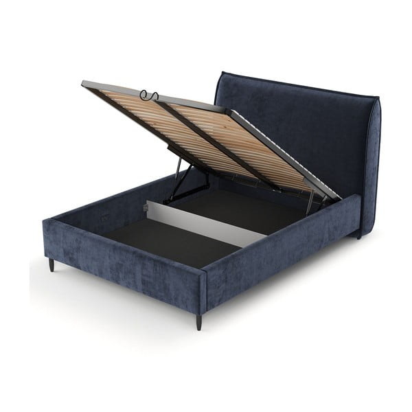 Tmavomodrá čalúnená dvojlôžková posteľ s úložným priestorom s roštom 180x200 cm Shell – Maison de Rêve-image-4