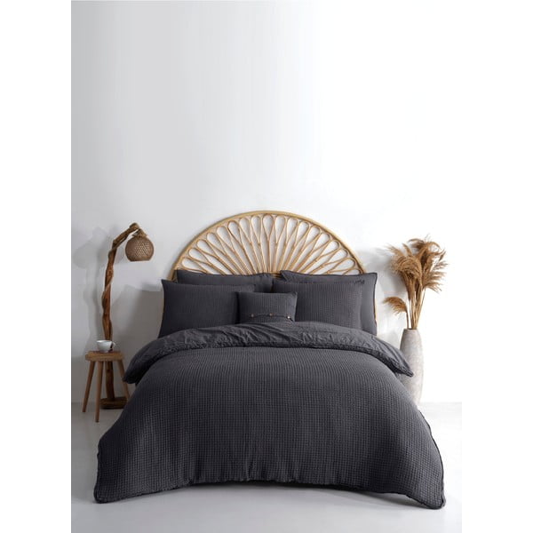 Antracitové obliečky na dvojlôžko/predĺžené z bavlny Renforcé 240x220 cm Waffle Striped – Mila Home Luxury