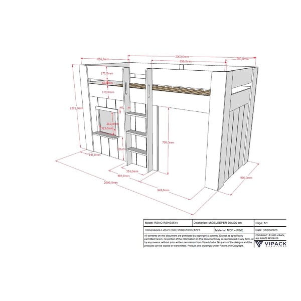 Biela vyvýšená detská posteľ z borovicového dreva 90x200 cm RENO – Vipack-image-3