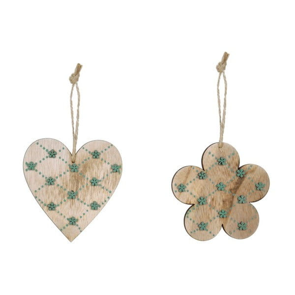 Sada 2 drevených závesných dekorácií s motívom srdca a kvetiny Ego Dekor, 9,5 × 9,5 cm
