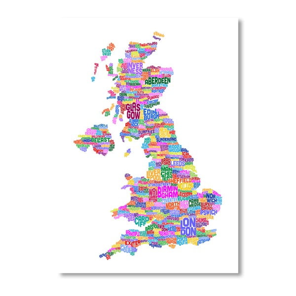 Plagát s pestrofarebnou mapou Veľkej Británie Americanflat Towns, 60  ×   42 cm