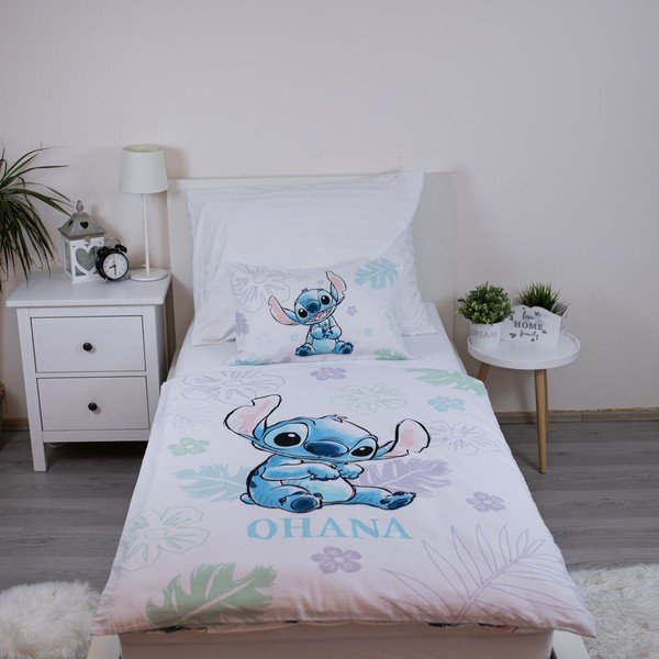 Biele bavlnené detské obliečky do postieľky 100x135 cm Lilo and Stitch "Ohana White" – Jerry Fabrics-image-1