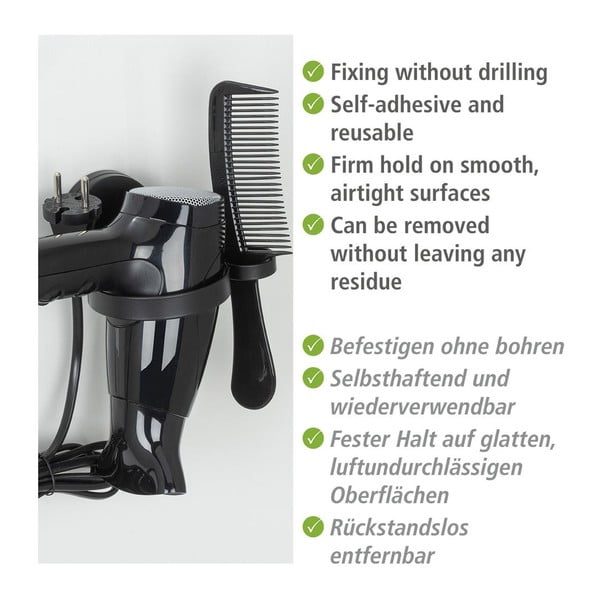 Čierny nástenný držiak na fén Wenko Static-Loc® Pavia-image-2