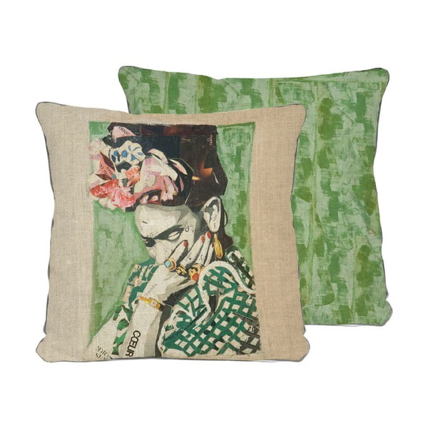 Obojstranná obliečka na vankúš s ľanovou prímesou Madre Selva Frida Collage Green, 45 × 45 cm