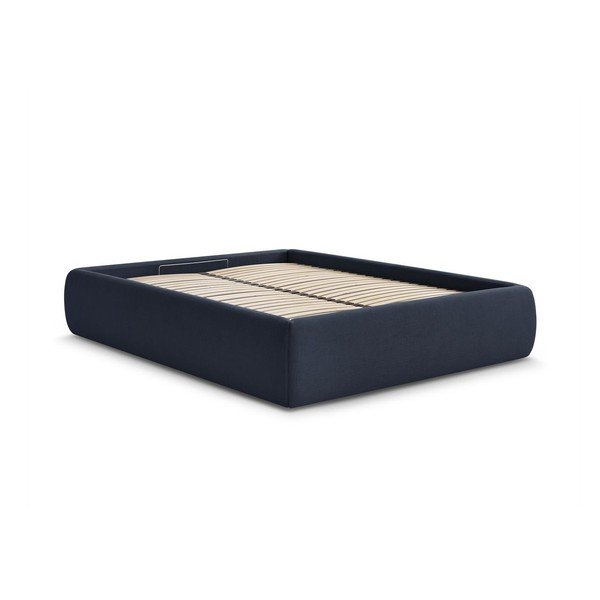 Tmavomodrá čalúnená dvojlôžková posteľ s úložným priestorom/bez čela s roštom 180x200 cm Inera – Bobochic Paris