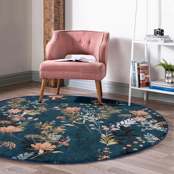 Tmavomodrý prateľný okrúhly koberec vhodný pre robotické vysávače ø 120 cm Comfort – Mila Home-image-1