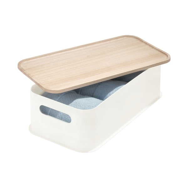 Biely úložný box s vekom z dreva paulownia iDesign Eco Handled, 21,3 x 43 cm-image-2