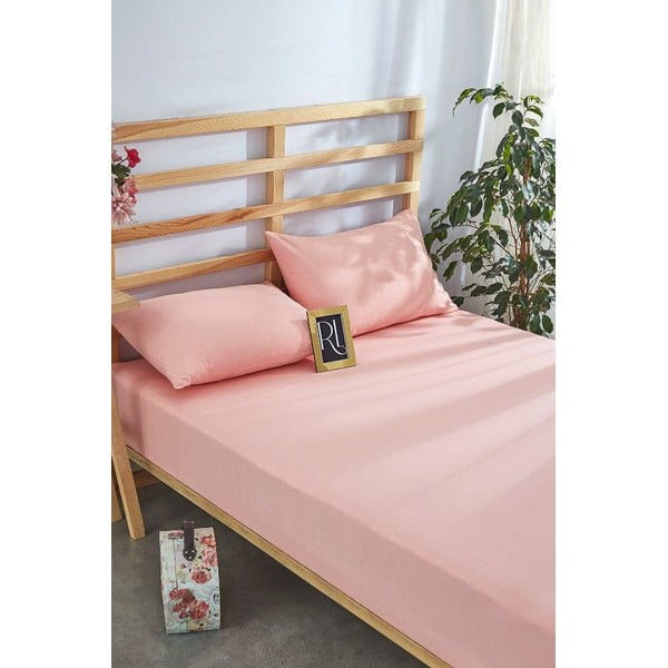 Ružová napínacia bavlnená plachta a obliečka na vankúš v súprave 180x200 cm – Mila Home