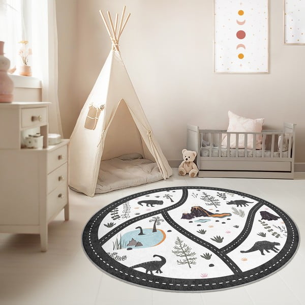 Čierno-biely prateľný detský hrací koberec ø120 cm Dino Park – Mila Home-image-2
