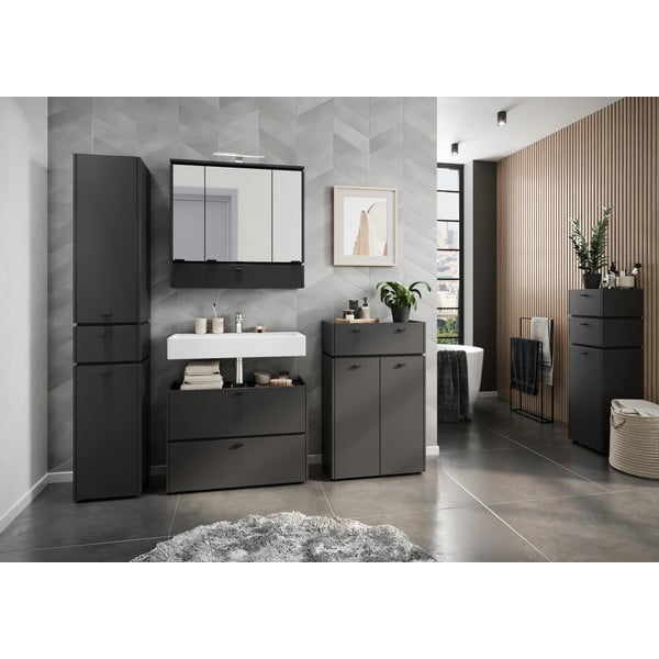 Antracitovosivá kúpeľňová skrinka so zrkadlom a osvetlením 79x80 cm Modesto – Germania-image-3