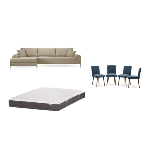 Set sivobéžovej pohovky s leňoškou vľavo, 4 modrých stoličiek a matraca 160 × 200 cm Home Essentials