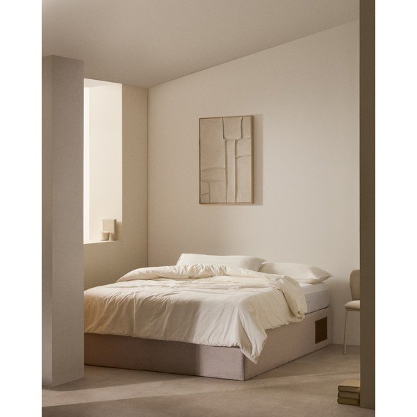 Béžová čalúnená dvojlôžková posteľ s úložným priestorom 160x200 cm Matters – Kave Home-image-1