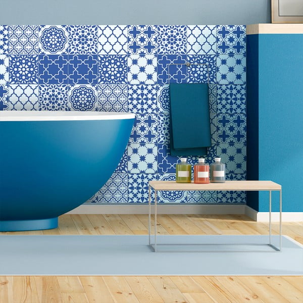 Sada 9 nástenných samolepiek Ambiance Wall Decals Blue Santorini Tiles, 20 × 20 cm