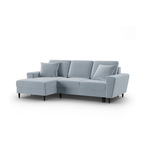 Svetlomodrá zamatová rozkladacia/s úložným priestorom rohová pohovka (ľavý roh/s leňoškou) Kyoto – Cosmopolitan Design-image-4