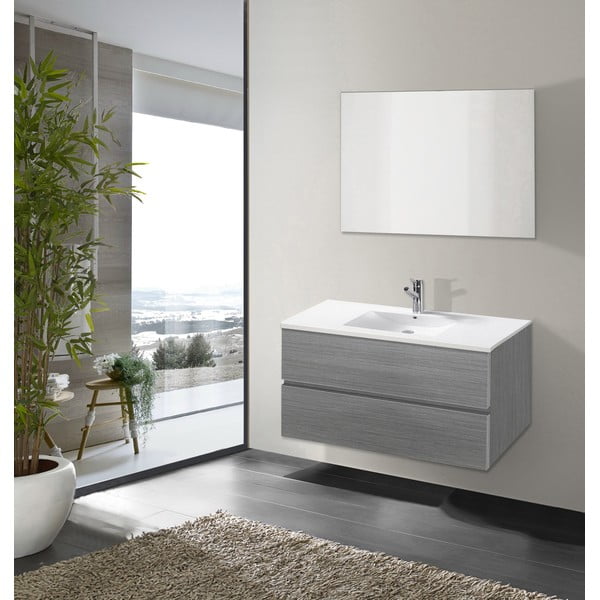 Kúpeľňová skrinka s umývadlom a zrkadlom Flopy, odtieň sivej, 90 cm