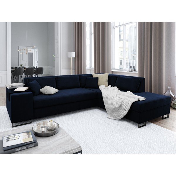 Modrá zamatová rozkladacia rohová pohovka Cosmopolitan Design York, pravý roh-image-1
