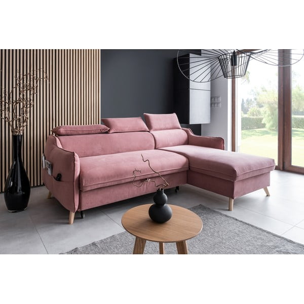 Svetloružová zamatová rozkladacia rohová pohovka (pravý roh) Sweet Harmony – Miuform-image-3