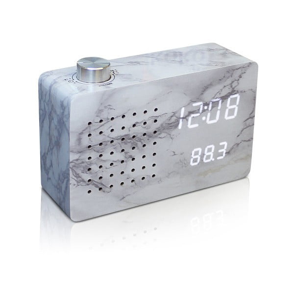 Sivý budík s bielym LED displejom a rádiom Gingko Radio Click Clock Marble