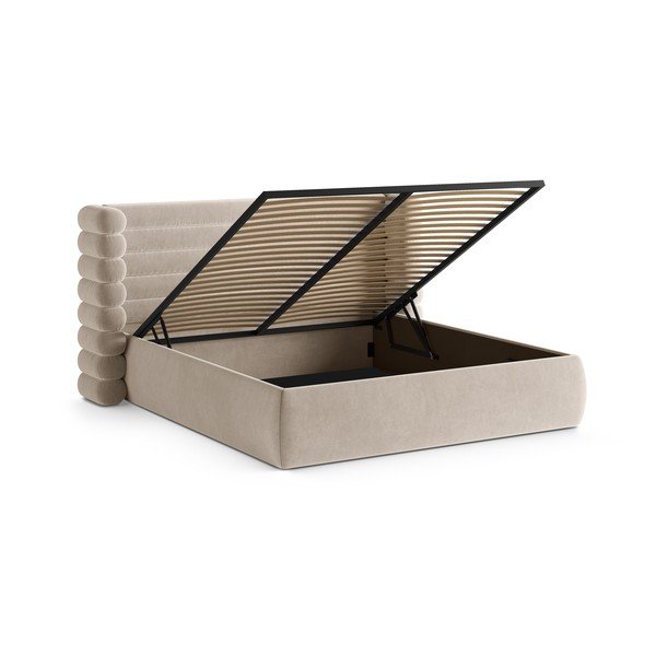 Béžová čalúnená dvojlôžková posteľ s úložným priestorom s roštom 160x200 cm Mount – Micadoni -image-2