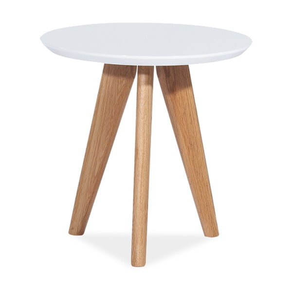 Biely odkladací stolík s lesklou doskou a nohami z dubového dreva Signal Milan, ⌀ 50 cm