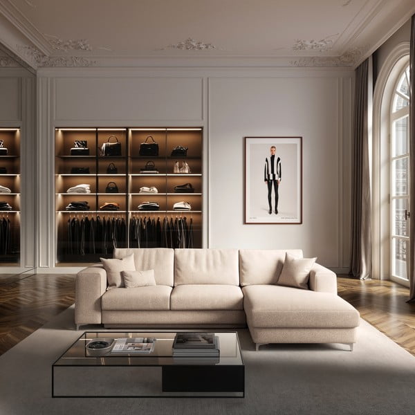 Béžová rozkladacia/s úložným priestorom rohová pohovka z textílie buklé (pravý roh/s leňoškou) Rene – Rodier-image-1