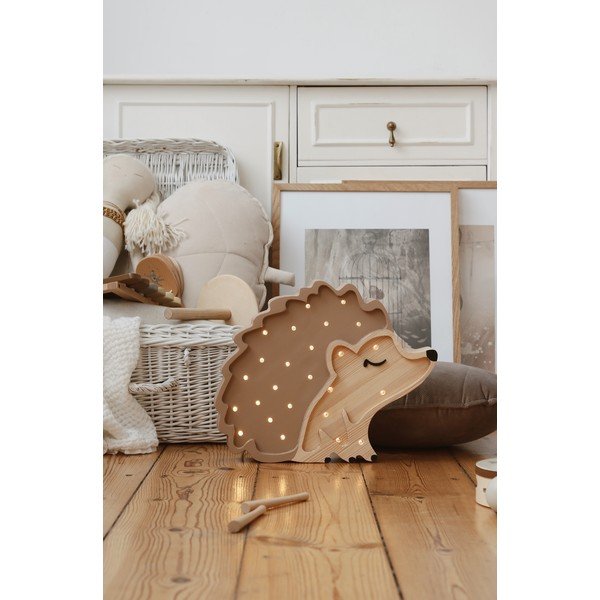 Hnedá stolová lampa z borovicového dreva Little Lights Ježko, dĺžka 30 cm-image-2