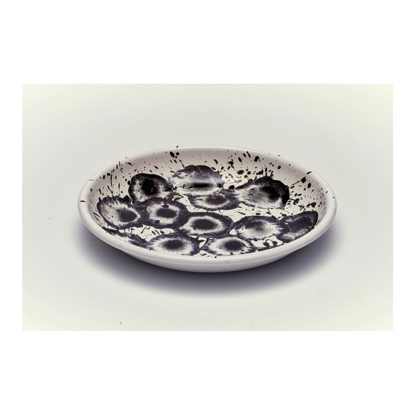 Čierno-biely smaltovaný tanier Kapka Floral Madness, Ø 24,5 cm