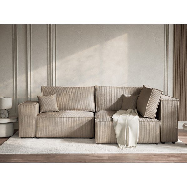 Béžová menčestrová rozkladacia/s úložným priestorom rohová pohovka (pravý roh/do L) Tonga – Maison de Rêve-image-1