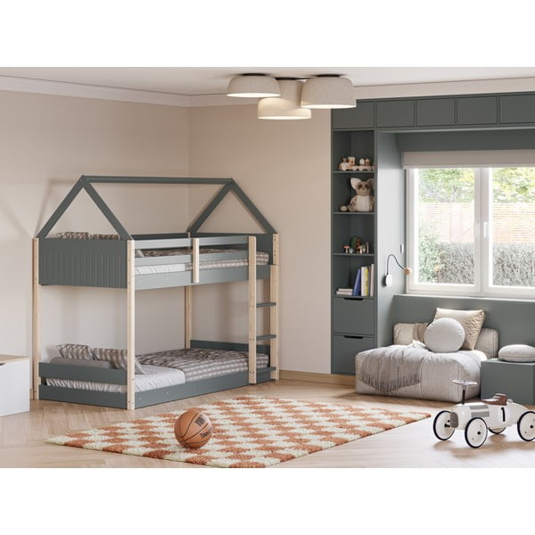 Domčeková/poschodová detská posteľ s roštom 90x190 cm v prírodnej farbe/sivozelená Valka – Marckeric-image-4