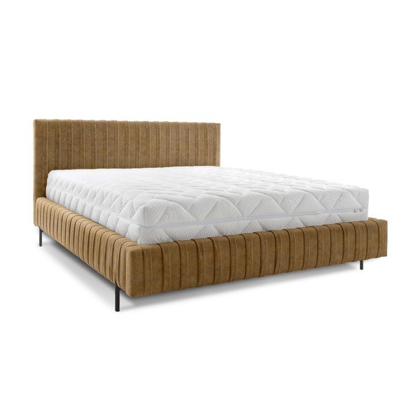 Okrovožltá čalúnená dvojlôžková posteľ s úložným priestorom s roštom 160x200 cm Plissa – ELTAP