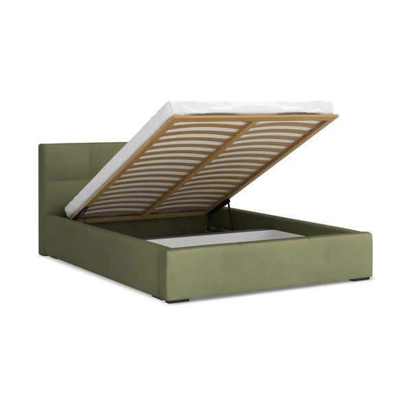 Zelená zamatová čalúnená dvojlôžková posteľ s úložným priestorom s roštom 140x200 cm Hiko – Makamii-image-1