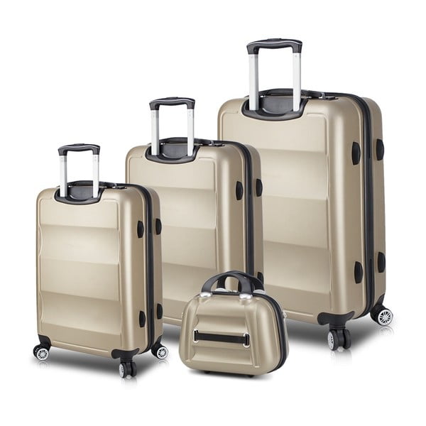 Sada 3 cestovných kufrov na kolieskach s USB porty a príručného kufríka v zlatej farbe My Valice LASSO Travel Set