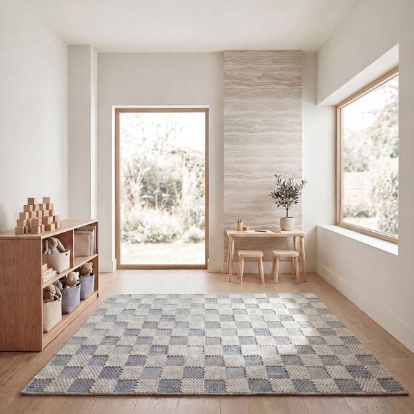 Modrý prateľný koberec s prímesou bavlny 155x230 cm Muted Checkerboard – Flair Rugs-image-3